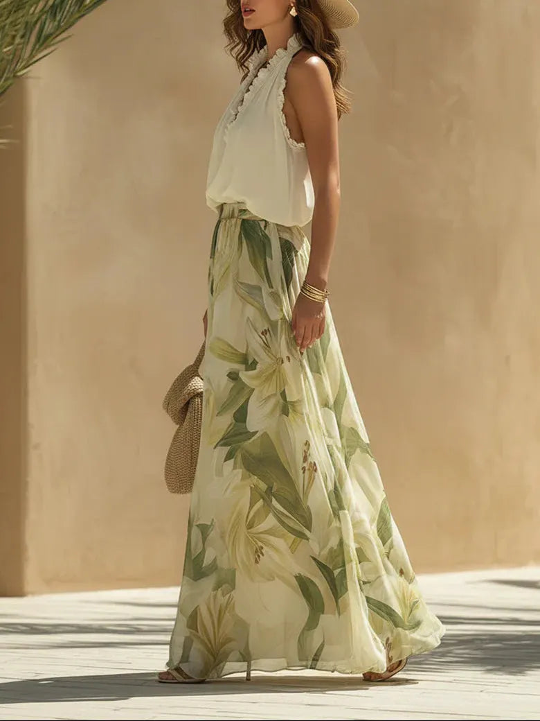 Vacation Chiffon Ruffled Sleeveless Top And Lily Print Pants Set