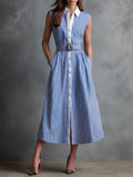 Retro Classic Blue & White Striped Belted Shirt Dress