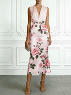 Women Pink Floral V Neck Sleeveless Romantic Top With Skirt Two-Piece Set