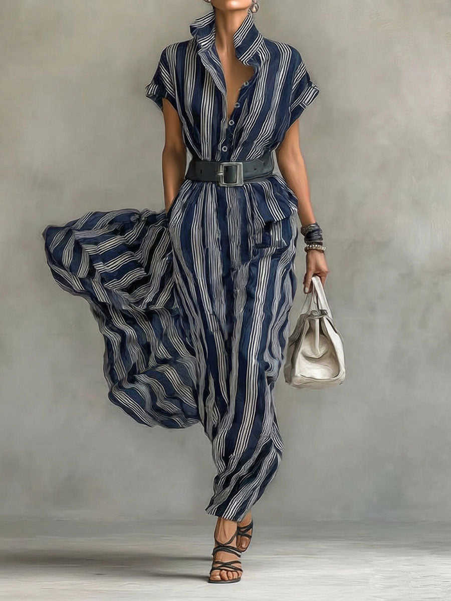 Women's Striped Printed Lapel Short-sleeved Casual Loose Cotton Linen Dress
