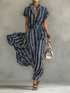Women's Striped Printed Lapel Short-sleeved Casual Loose Cotton Linen Dress