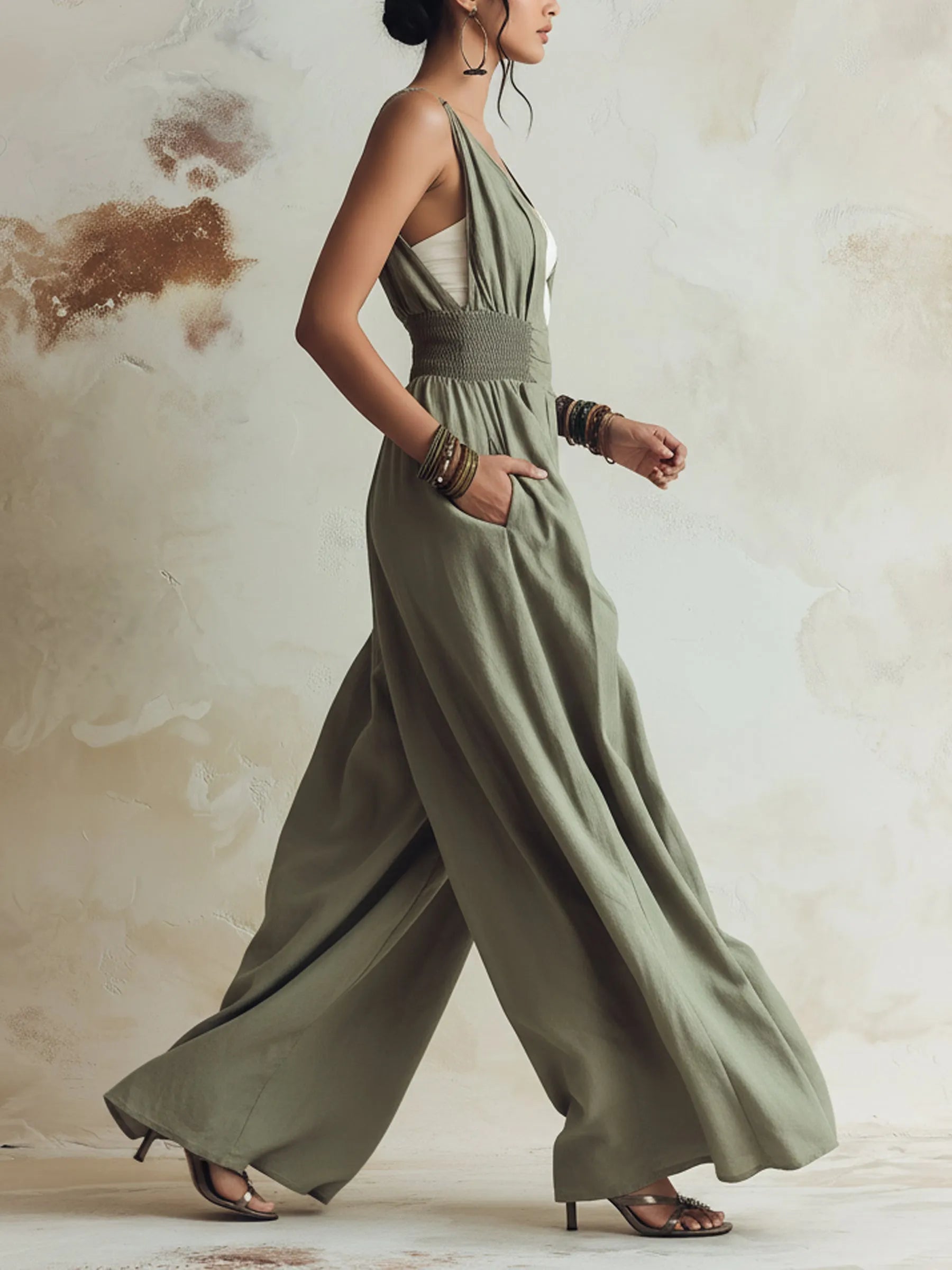 Olive Green Smocked Waist Wide-Leg Linen Jumpsuit With Pockets