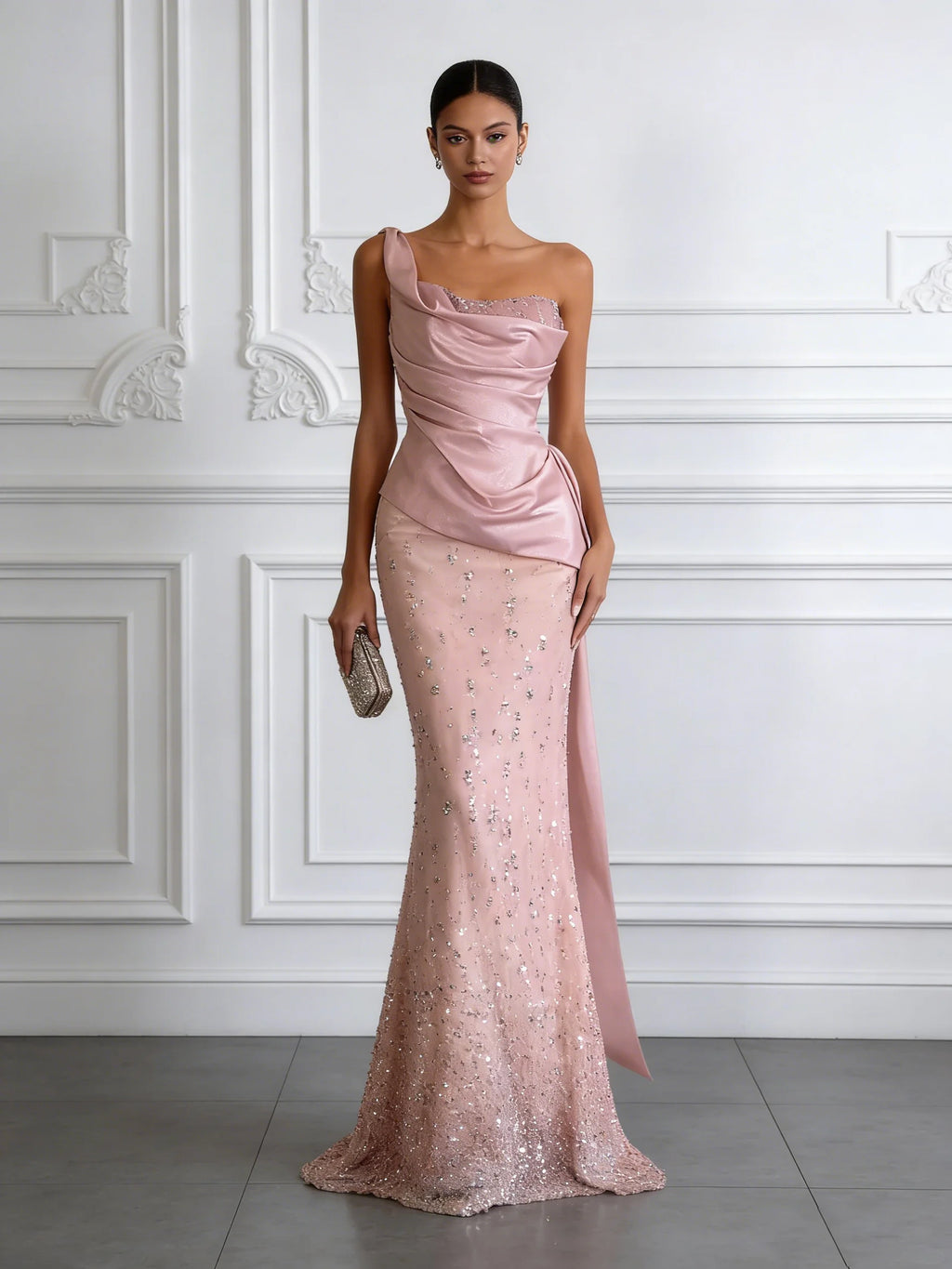 Pink Glitter Classic One Shoulder Sleeveless Mermaid Floor-length Gown Dress