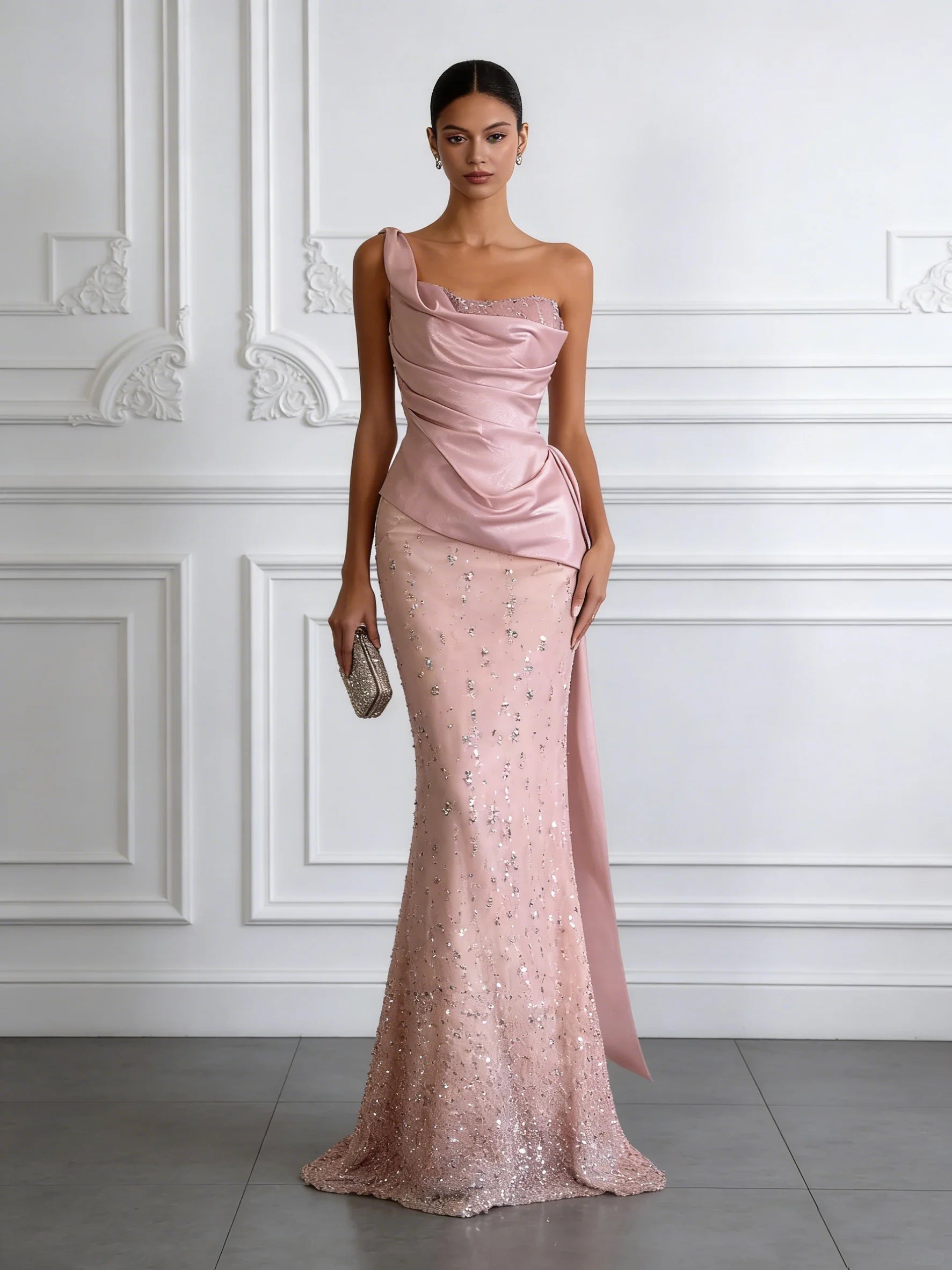 Pink Glitter Classic One Shoulder Sleeveless Mermaid Floor-length Gown Dress