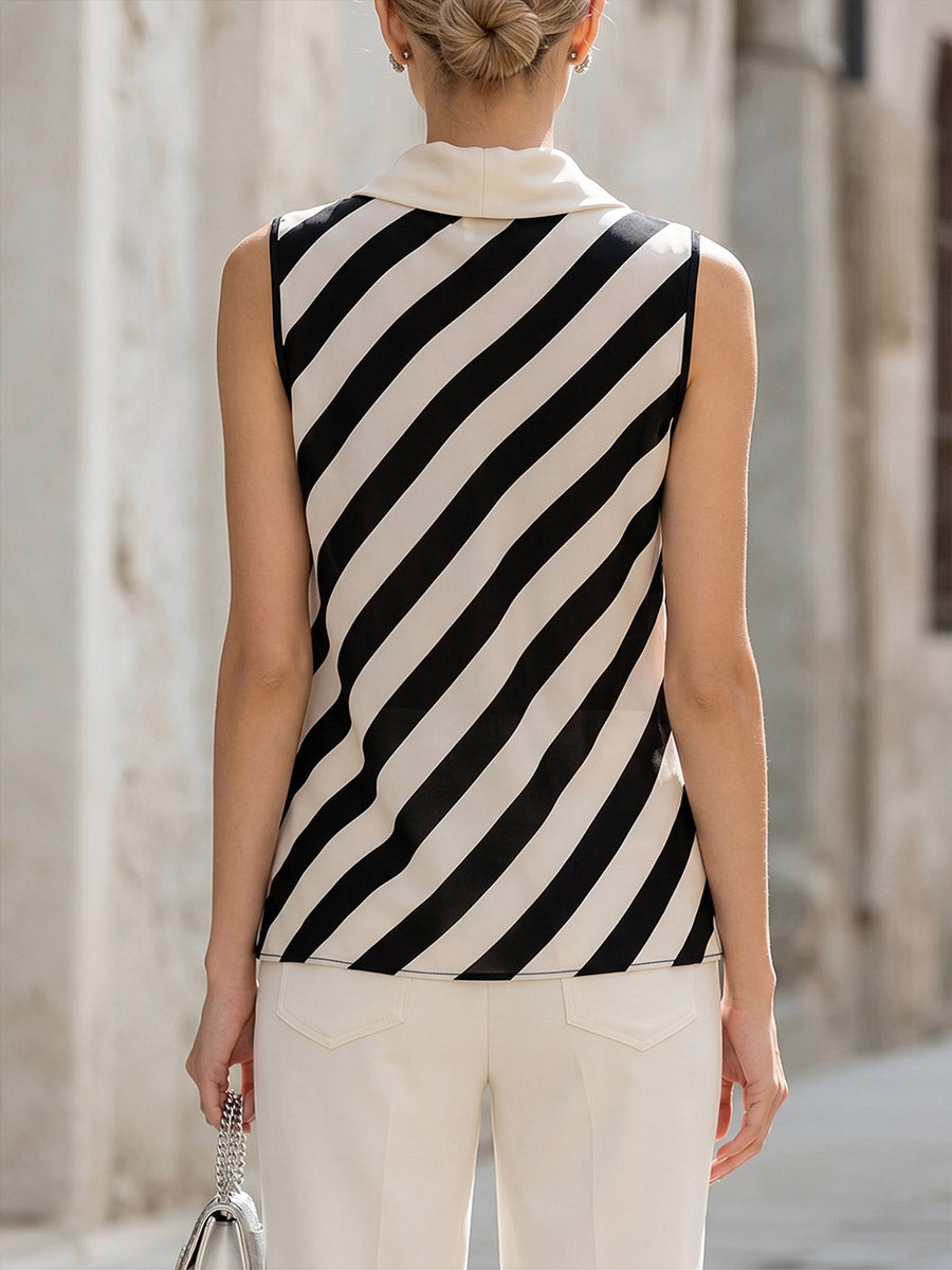 Women's Striped Print Cowl Neck Sleeveless Casual Loose Ruched Top