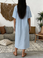 Casual Stripe Polo Collar Linen And Cotton Short-sleeved Dress