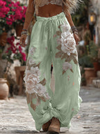 Women's Vintage Romantic White Rose Embroidery Art Comfy Linen Pants