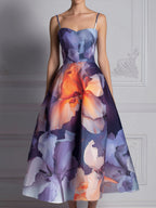 Spaghetti Strap Abstract Floral Structured A-Line Midi Dress