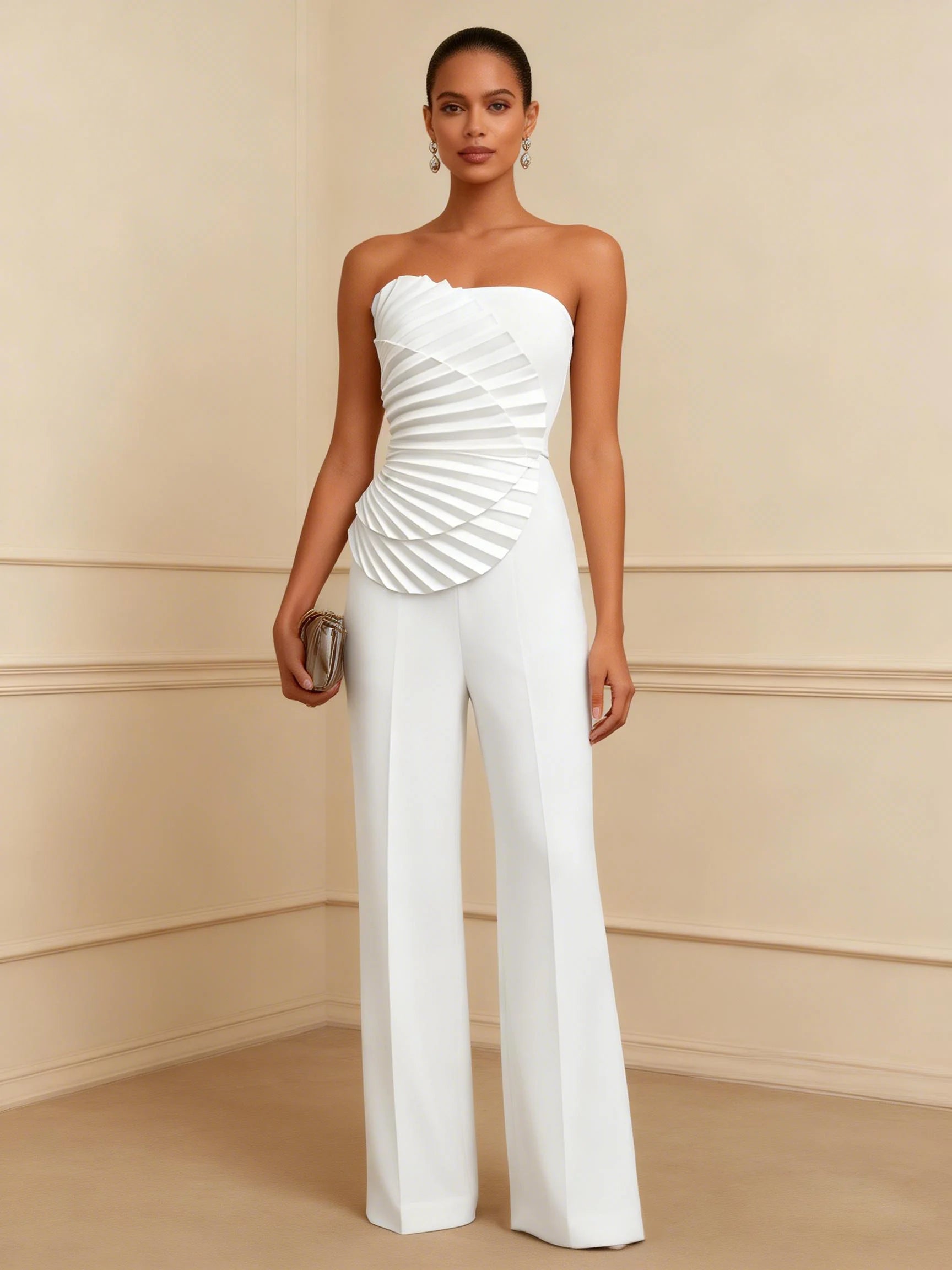 Women White Ruched Strapless Sleeveless Elegant Jumpsuit