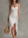 Vintage Lace Trim Straps Slit Hem Midi Dress