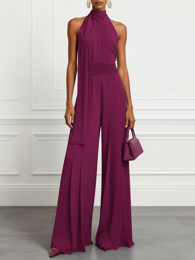 Women Cyan Ruched Halter Mock Neck Sleeveless Dressy Jumpsuit