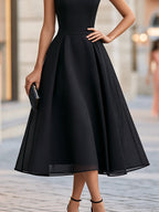 Elegant Lace Neck Organza-Overlay A-Line Midi Dress