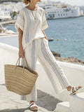 Women's Loose-fitting Casual Versatile Color-blocked Round Neck Flutter Sleeve Shirt Set