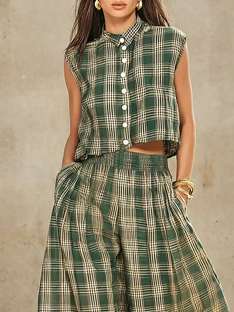 Women's Retro Striped Stylish Button Casual Top And Pants Cotton Linen Two-piece Set