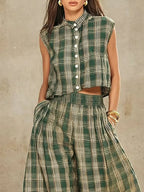 Women's Retro Striped Stylish Button Casual Top And Pants Cotton Linen Two-piece Set