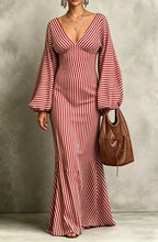 Retro Striped Lantern-sleeve Dress