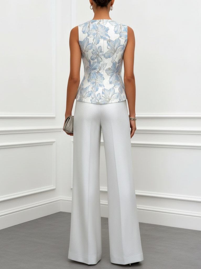 Women White Jacquard Floral Buckle Crew Neck Sleeveless Dressy Top With Pants Two-Piece Set