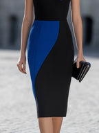 Black & Cobalt Blue Asymmetric Color Block   Bodycon Midi Dress