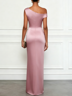 Pink Satin One Shoulder Sleeveless Sheath Gown Dress