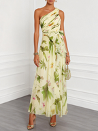Yellow Floral Bow Chiffon One Shoulder Sleeveless A-Line Maxi Dress