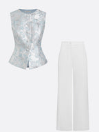 Women White Jacquard Floral Buckle Crew Neck Sleeveless Dressy Top With Pants Two-Piece Set