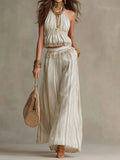 Stylish Striped & Lace-paneled Sleeveless Top And Pants Two-piece Set