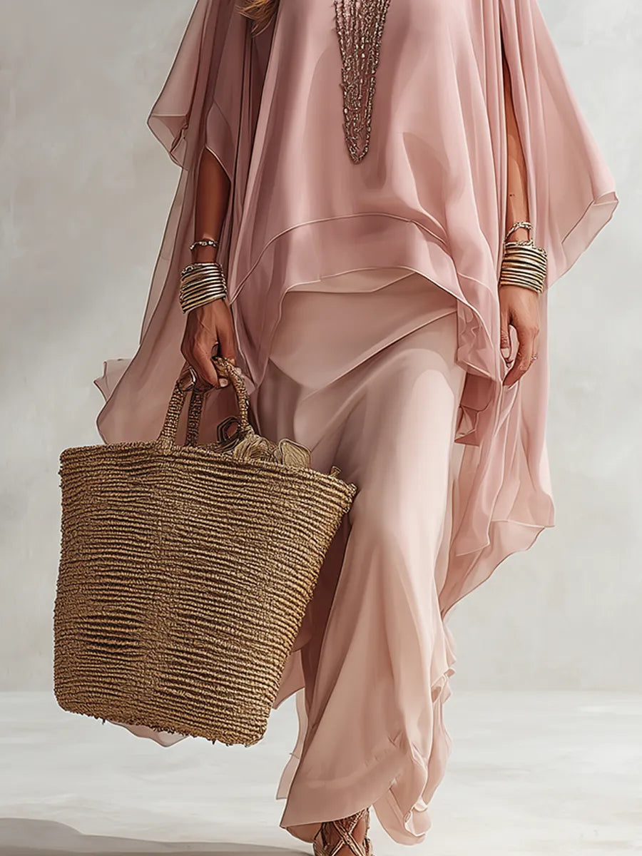 Smoky Pink Chiffon Flowy Batwing Sleeve Top And Skirt Set