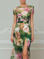 Elegant Green Floral Print Short Sleeve Chiffon Maxi Dress