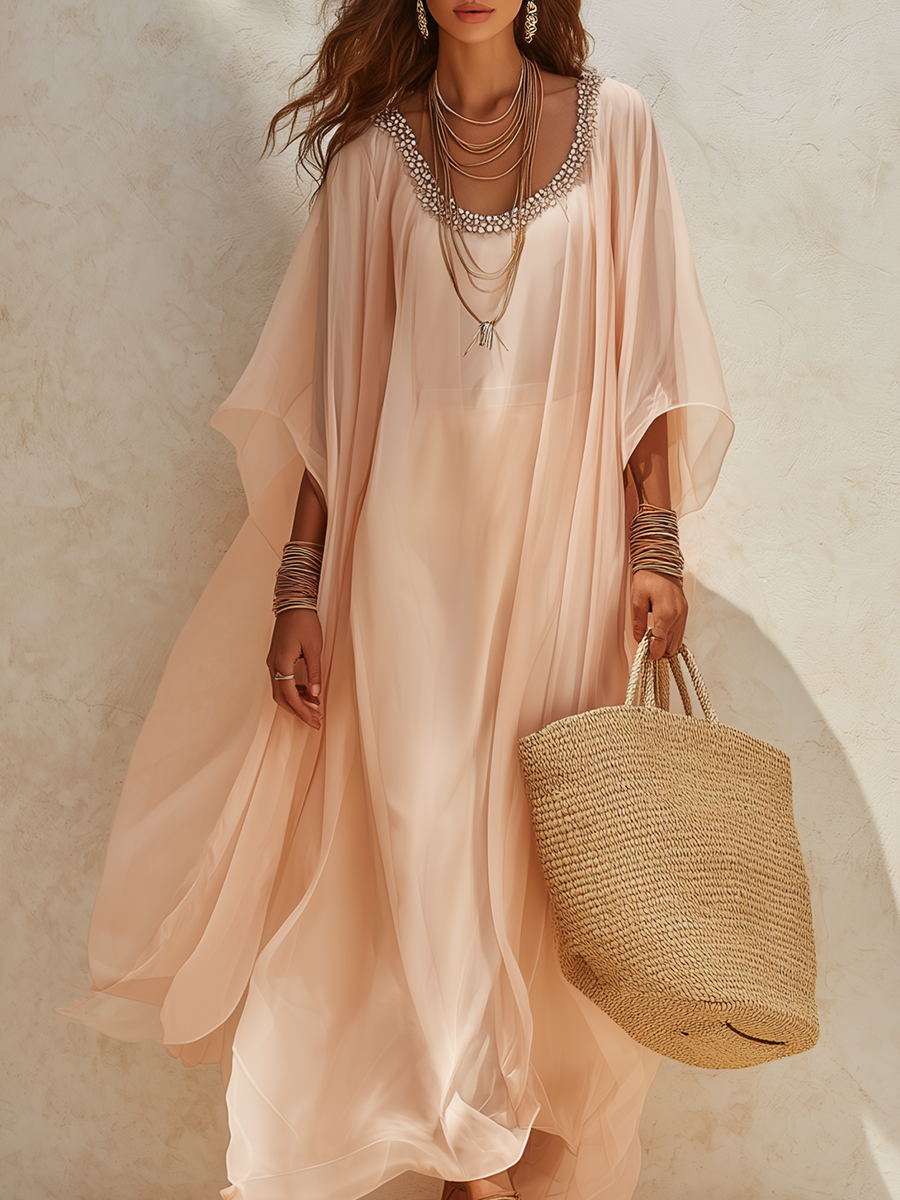 Nude Pink Sequined Chiffon Maxi Dress
