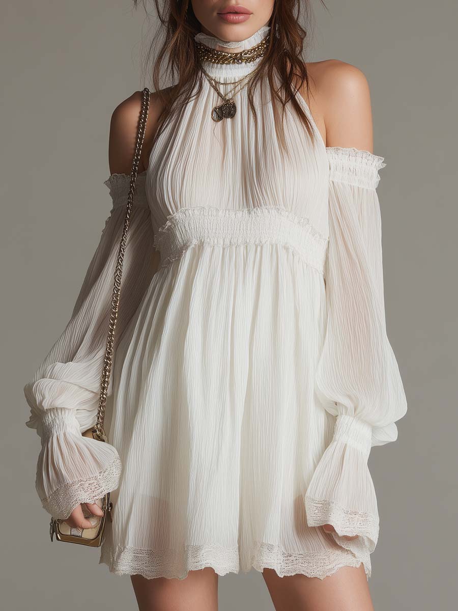 Vintage Cold-Shoulder Chiffon Mini Dress With Lace Trim