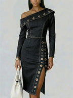 Stylish Off-shoulder Fitted Denim Dress