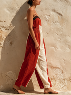 Red & White Color-Block Spaghetti Strap Wide-Leg Jumpsuit