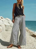 Women's Casual Vacation Cotton Sleeveless Vest And Vertical Striped Wide-leg Pants Set