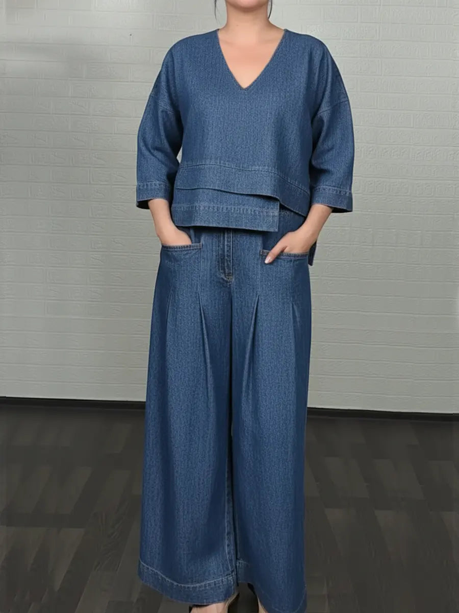Women's Casual Denim Cotton Top And Pants Two-piece Set