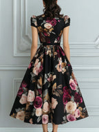 Vintage Black Rose Print High Neck Puff Sleeve Midi Dress