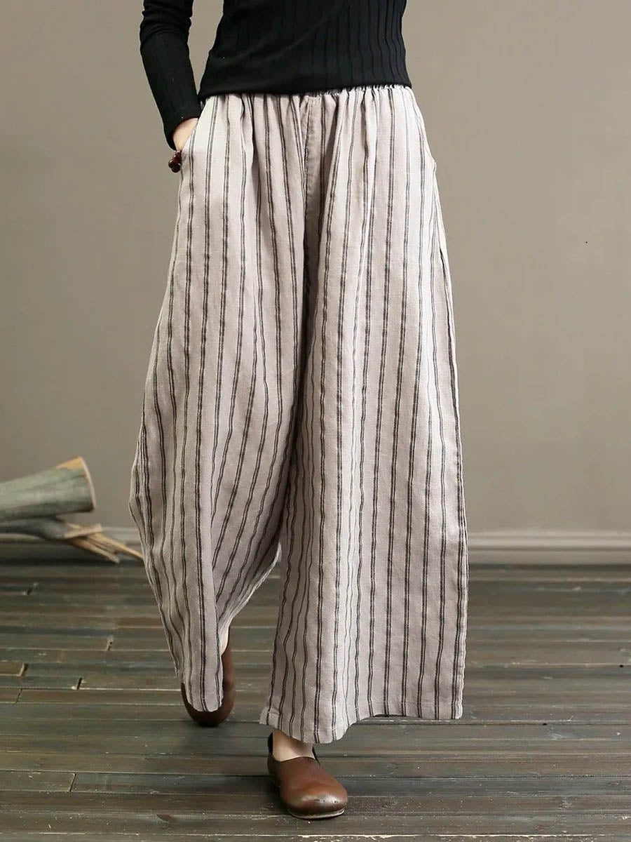 Women's High-waisted Loose-fit Striped Cotton-linen Wide-leg Pants