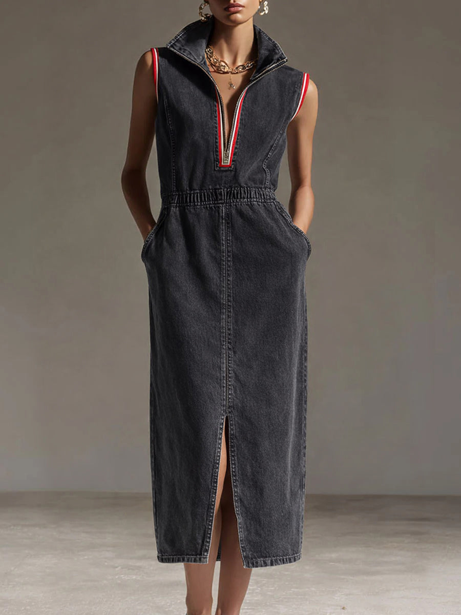 Casual Zipper Denim Sleeveless Dress