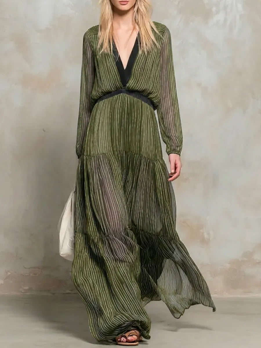 Women's Striped Art Casual Stylish Long Sleeve Chiffon Maxi Dress