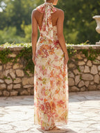 Orange Floral Bow Chiffon Halter Sleeveless A-Line Maxi Dress