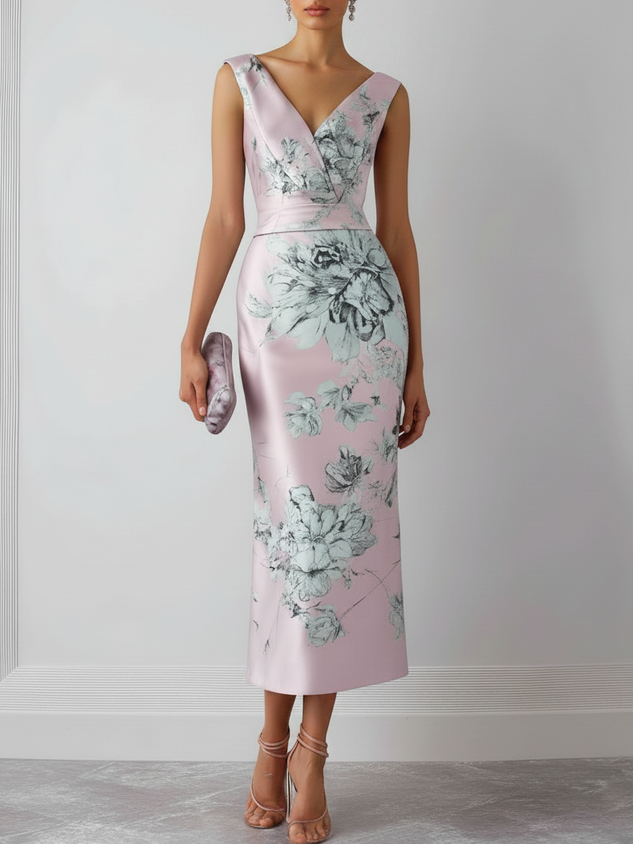 Pink Floral Satin V Neck Sleeveless Sheath Midi Dress