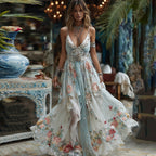 Women's Vintage Floral Art V-neck Casual Sleeveless Maxi Dress