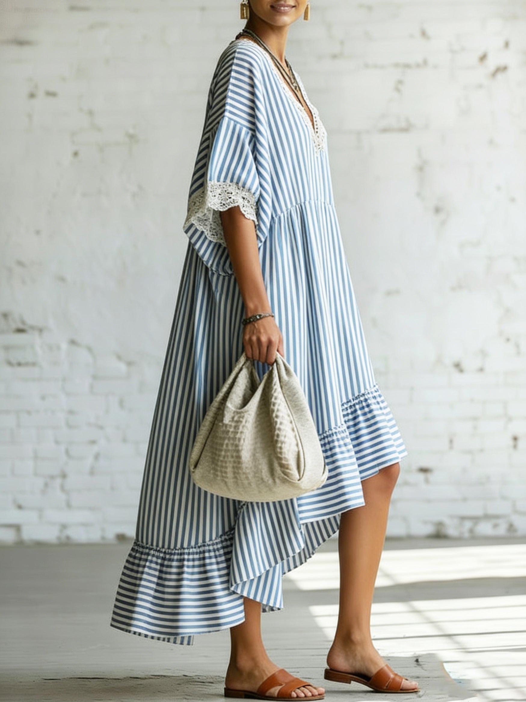 Romantic Striped Lace Asymmetrical Hem Loose-fit Dress