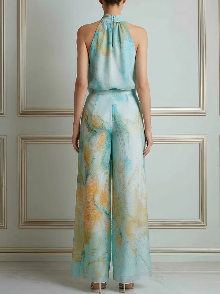 Halter Neck Printed Top And Wide Leg Pants Set