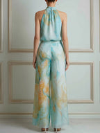 Halter Neck Printed Top And Wide Leg Pants Set