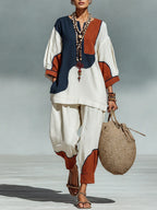 Casual Artistic Color-blocked Linen And Cotton Top And Pants Two-piece Set