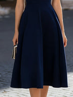 Navy Blue Mandarin Collar Keyhole Cap Sleeve Pleated A-Line Midi Dress