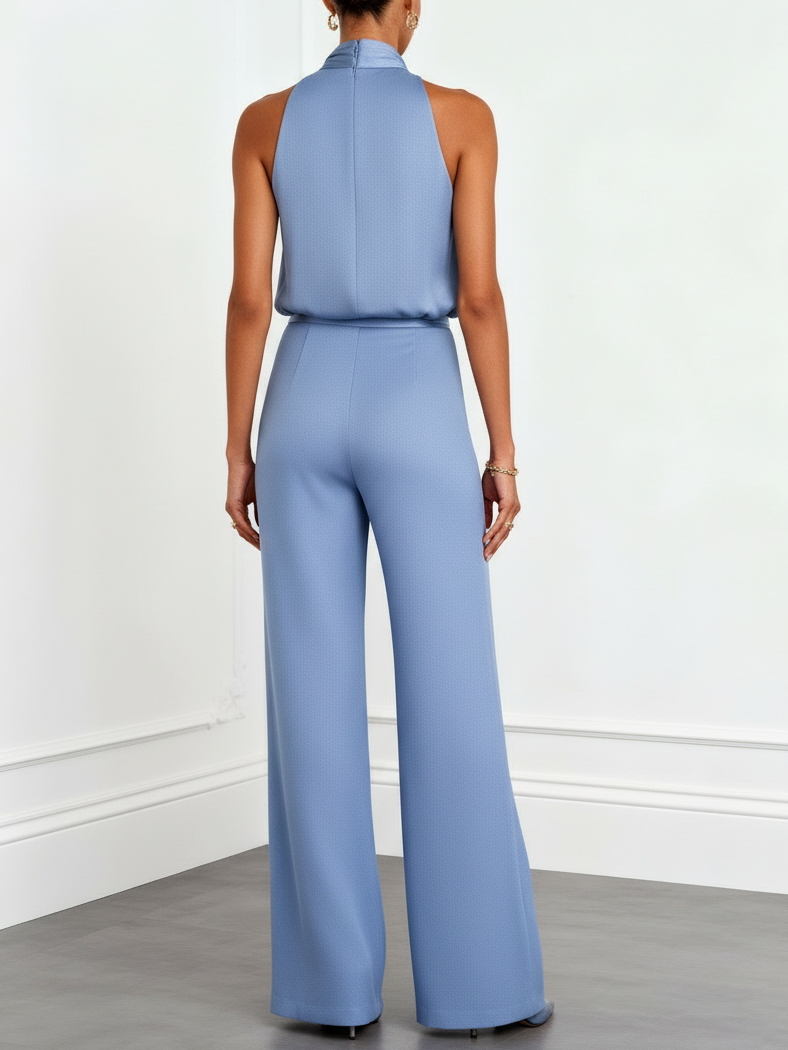 Women Blue Mock Neck Sleeveless Dressy Jumpsuit