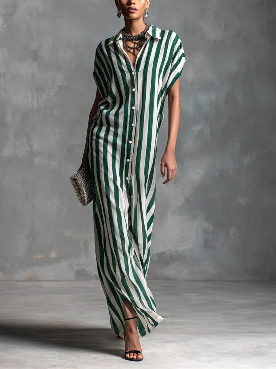 Casual Striped Linen And Cotton Shirt Dress