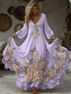 Women's Vintage Pink Floral Embroidery Art Comfy Linen Maxi Dress