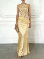 Light Pink Embroidery Satin Crew Neck Sleeveless Sheath Gown Dress